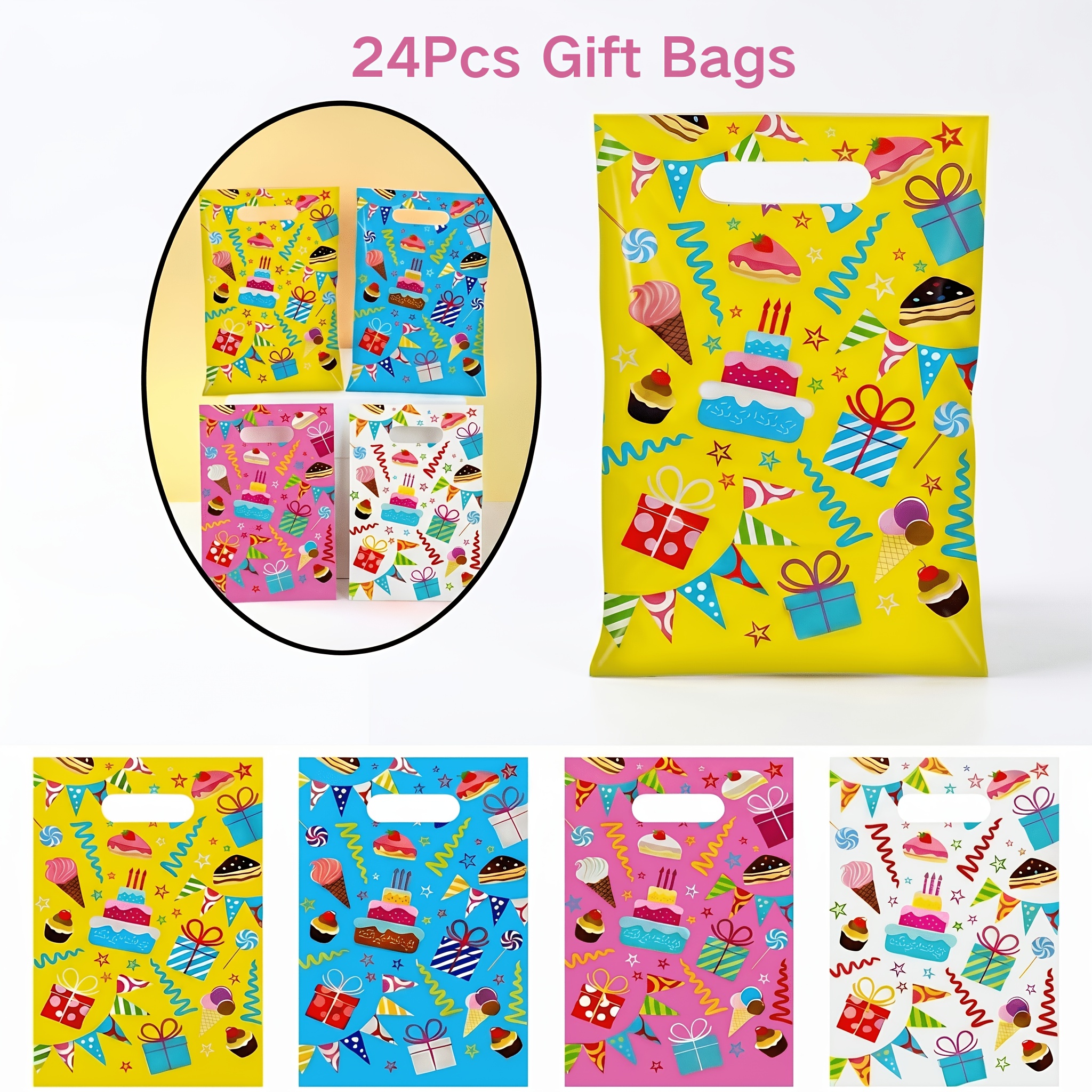 TEMU Lot de 12/24/40 sacs d'emballage cadeau sur le thème de l'anniversaire, sacs cadeaux de 6,5*9,84 pouces, sacs de rangement en plastique à motif