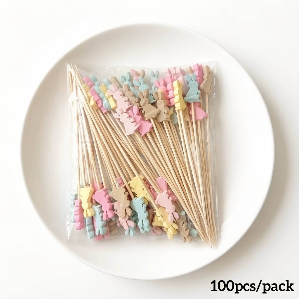 100pcs/bag Colorful Bunny Easter Fruit Skewer Bar Restaurant Party Decoration Disposable Bamboo Skewer Fruit Skewer