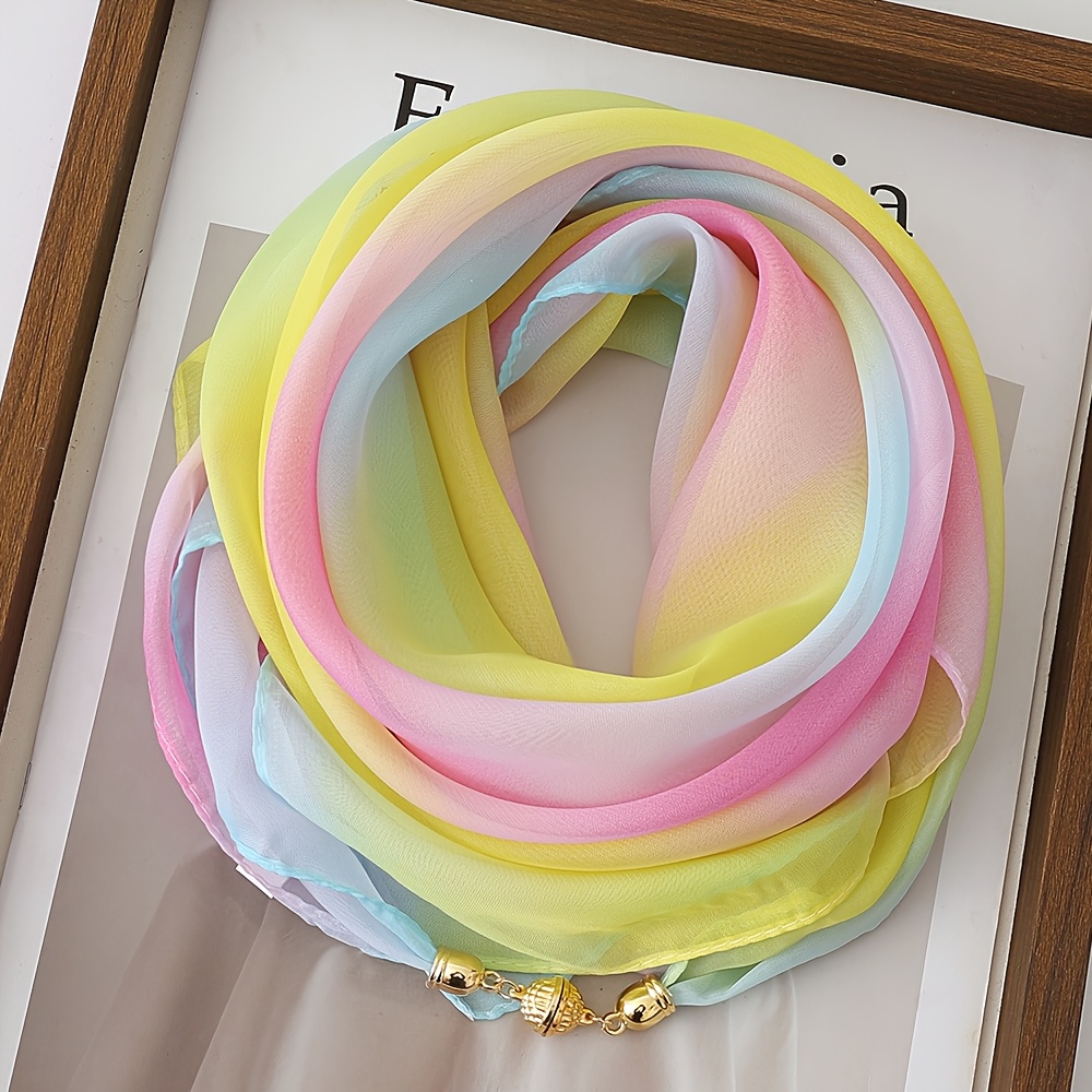 Image of Lightweight Rainbow Gradient Magnetic Snap Scarf, Convenient And Stylish Neck Gaiter, 100% Polyester Fiber, Women's Decorative Scarf, Suitable For
