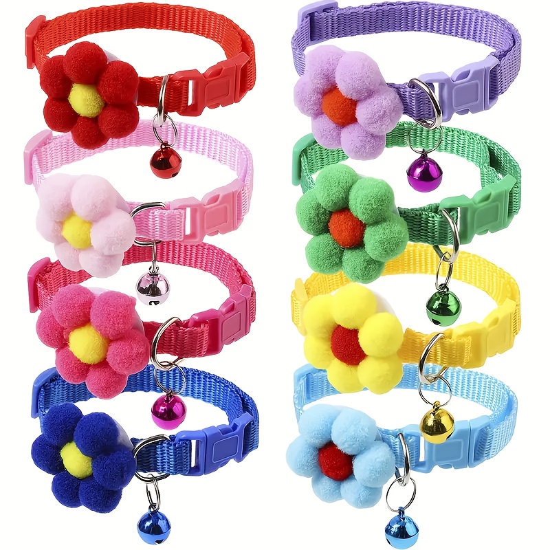 TEMU 8pcs Multicolor Pet Cat Collars With Flower Accessories And Bells, Suitable For Small To Medium-sized Cats And Dogs