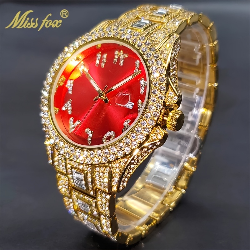 Luxury Synthetic Rhinestone Watch For Couples, Unique Red Dial, Arabic Lettering Scale, Men's And Women's Quartz Watch