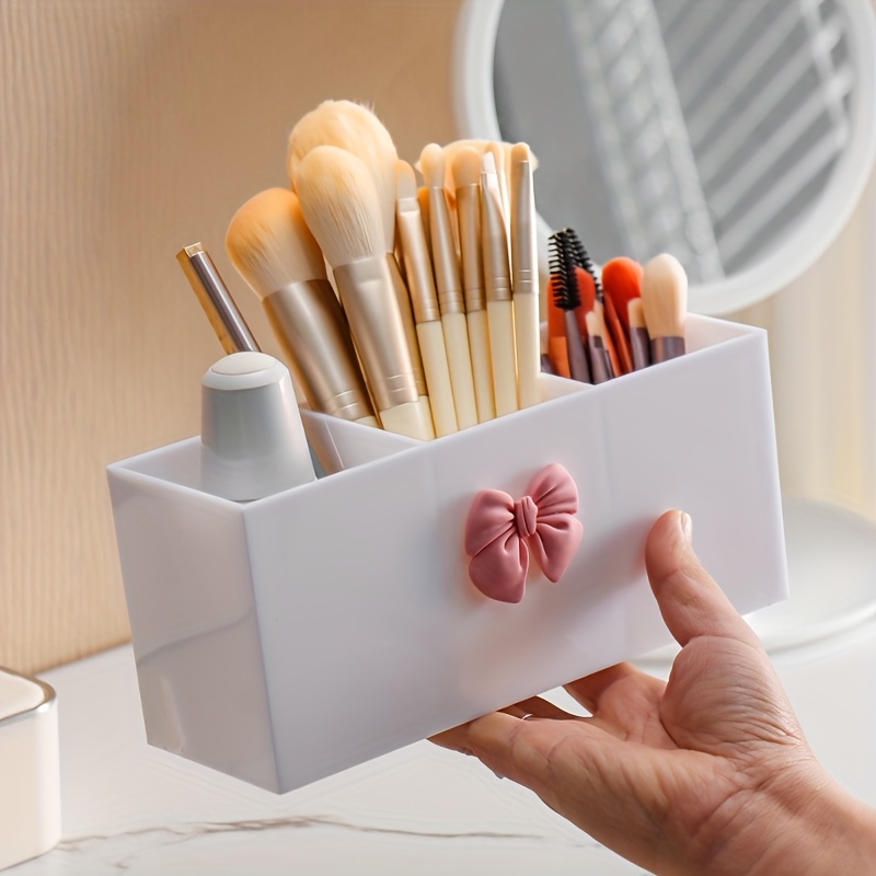 1pc 3 compartment makeup brush storage box eyebrow pencil and lipstick storage rack small display box suitable for bathroom bedroom pink bow black home storage box Product details 0