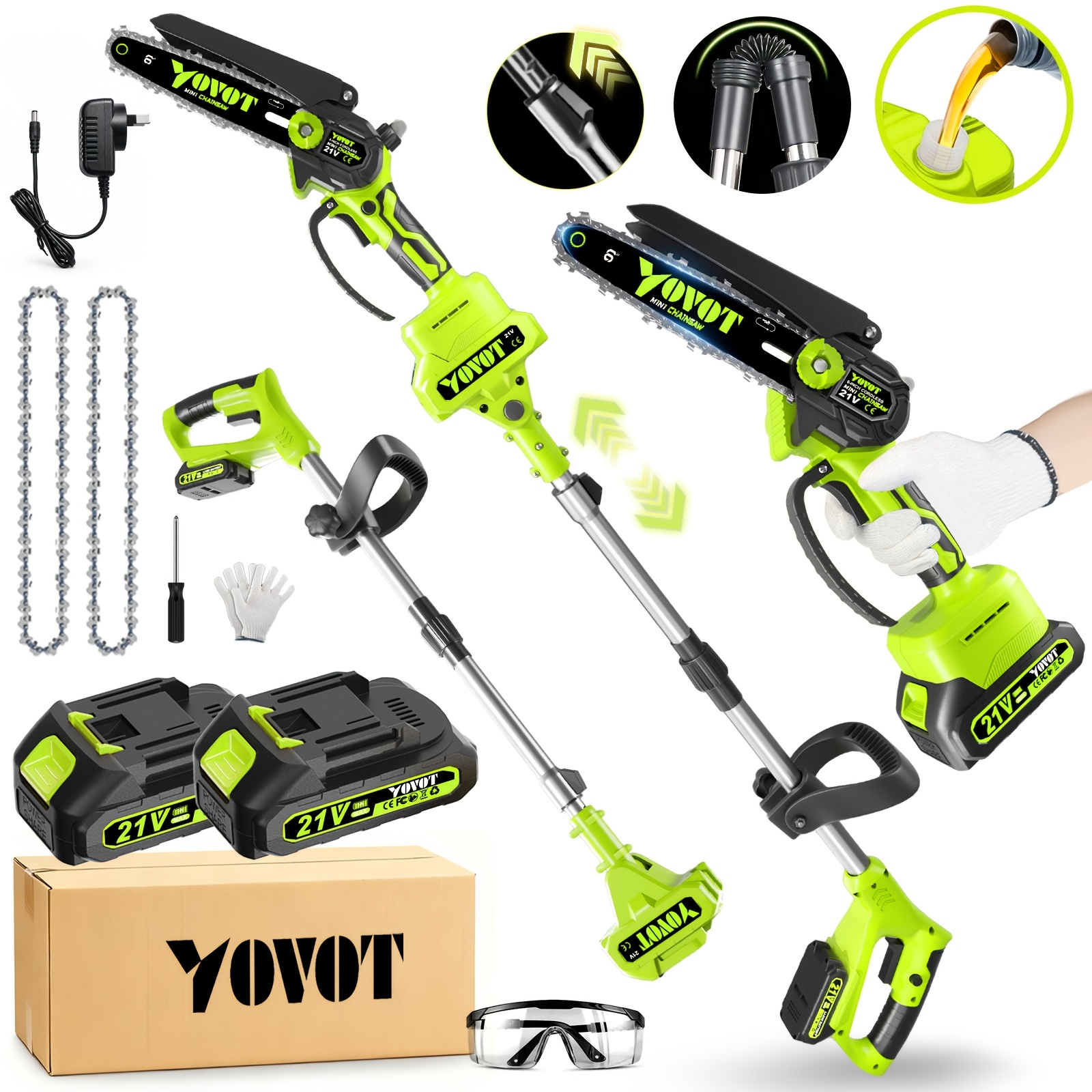 TEMU 2-in-1 6-inch Mini Chainsaw And Electric Pole Saw, 21v Battery Powered Chainsaw With Auto-, Electric Pole Saw For Tree Trimming And Wood Cutting