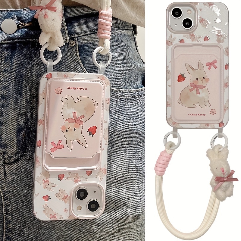

Card Holder Painted Cute Strawberry Bunny Card Holder Lanyard Phone Case For 11 12 13 14 15 Pro Max