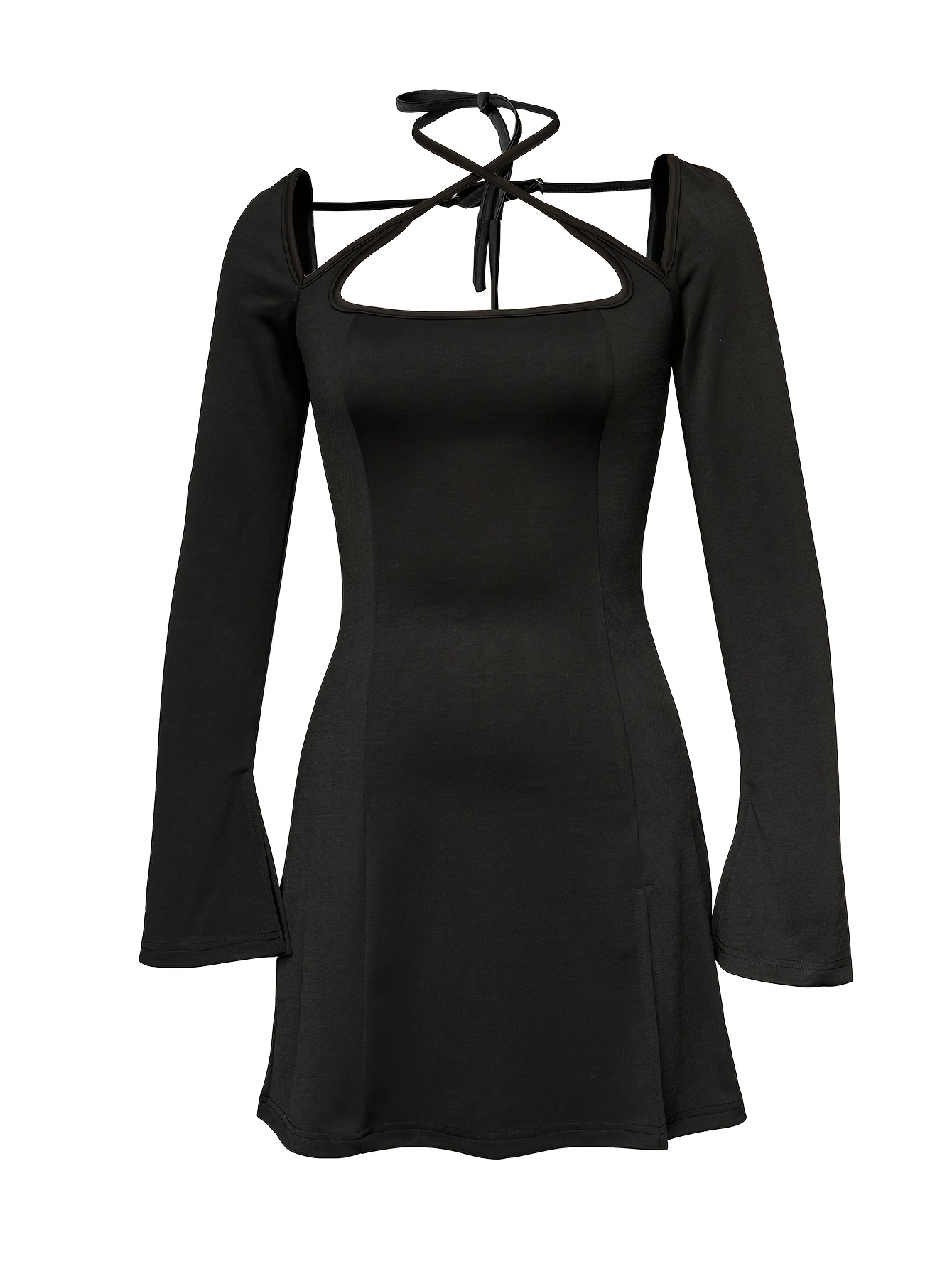 elegant polyester peplum dress women long sleeve cross strap - Temu