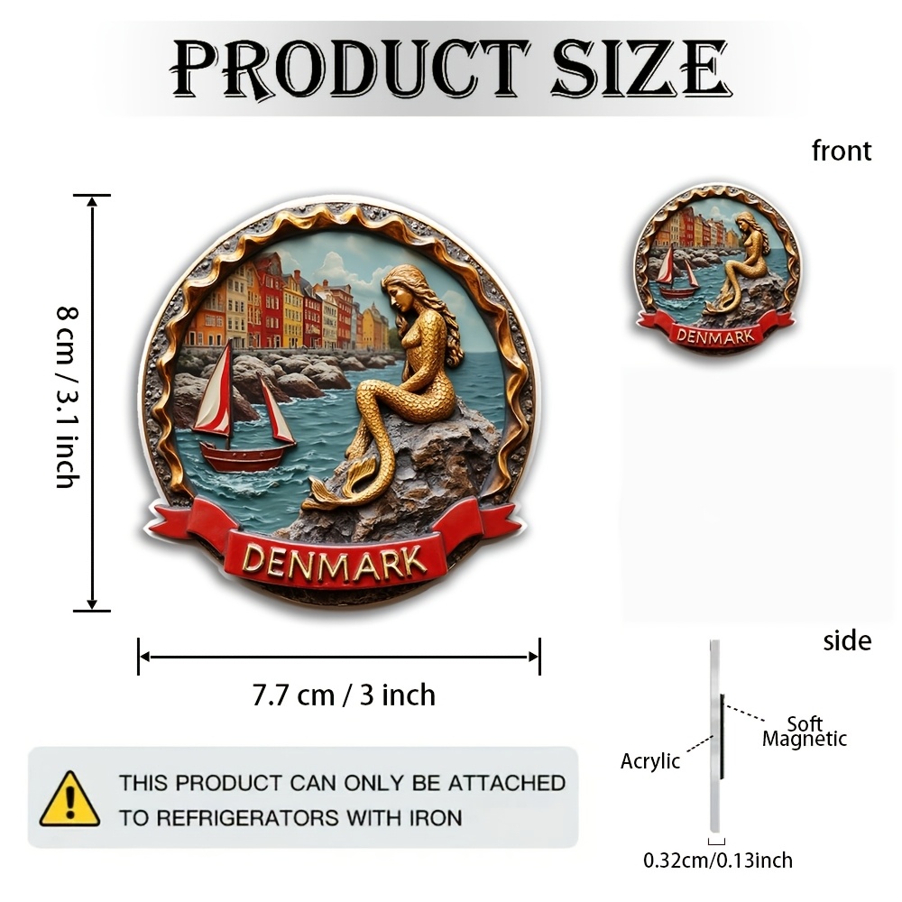 TEMU 1 stuks 2D Platte Acryl Rubber Zachte Magneet | Deense Gouden Zeemeermin, Kustlandschap, Levendige Stad En Zeilboot - Perfect voor Verzamelaars