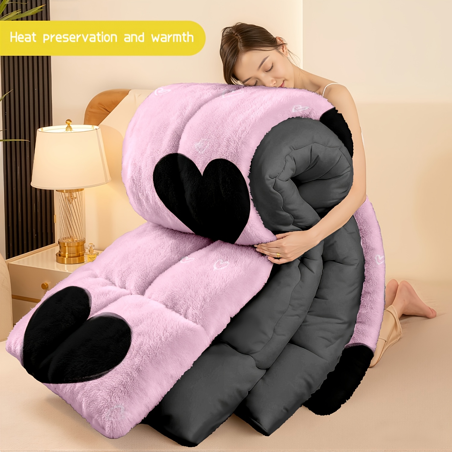 TEMU 3 pièces (1 couette + 2 taies d'oreiller) - Ensemble de literie en flanelle et velours à motif cœur, et chaud pour adultes, tendance