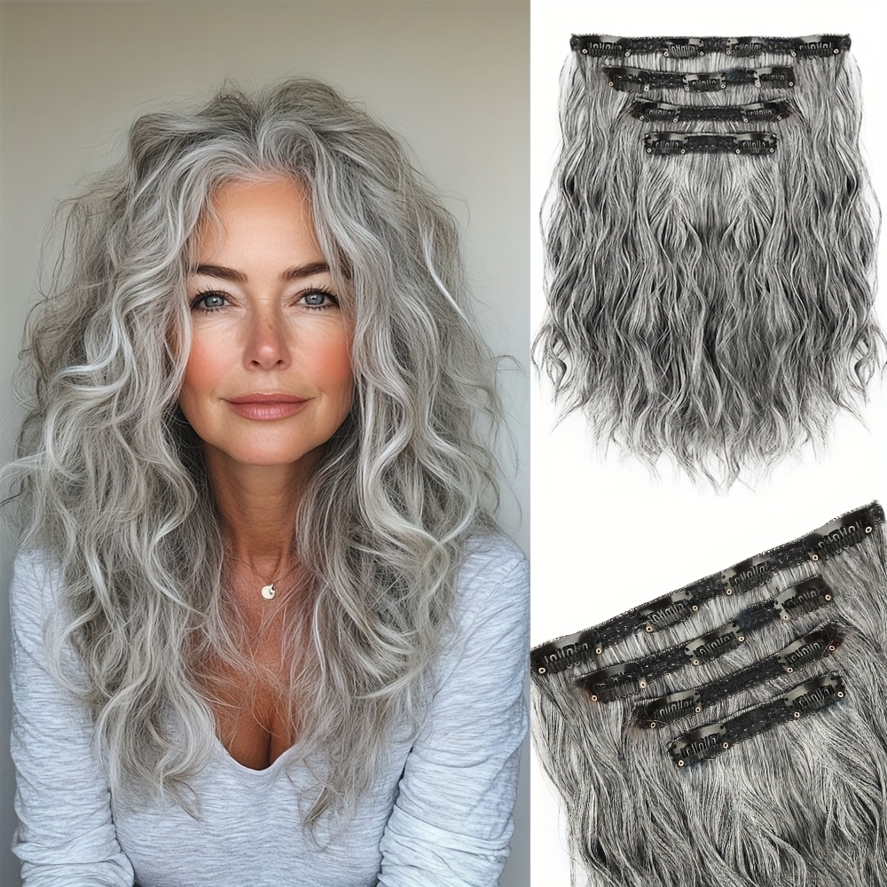 TEMU Gray Short Hair Clip-in Extension 4pcs Set Water Ripple Curly Fluffy Ponytail Wig For Women To Increase Hair Volume And Extend Synthetic Hair