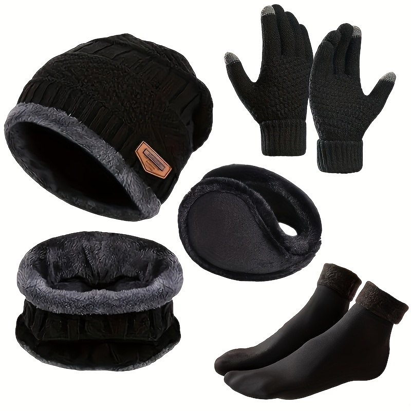 TEMU 5-piece Set – Knit Beanie, Thermal Gloves, Faux Fur Earmuffs, Neck Scarf, Non-slip Socks – Basic Polyester Cold Weather Kit For Men And Women