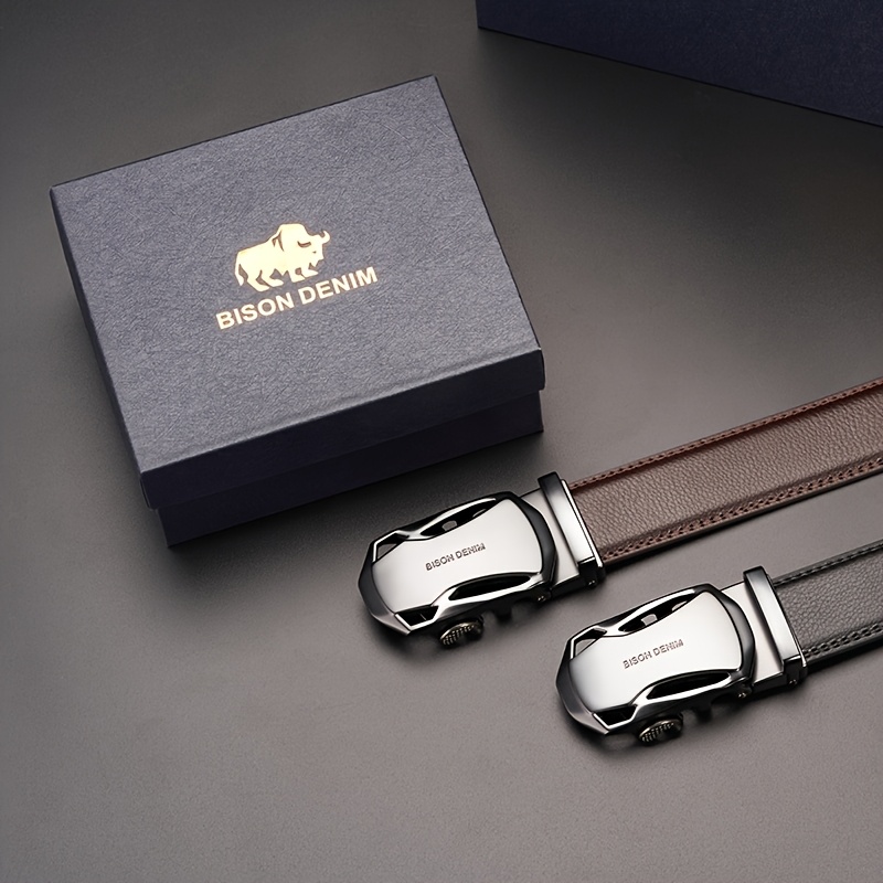 BISON DENIM Men'S Automatic Buckle Casual Belt | Second Layer Cowhide, Business Formal, Daily Multi-Functional, Adjustable, Genuine Leather, Zinc Alloy Golden Buckle, Gift Box, Suitable for Valentine'S Day and Christmas Gift