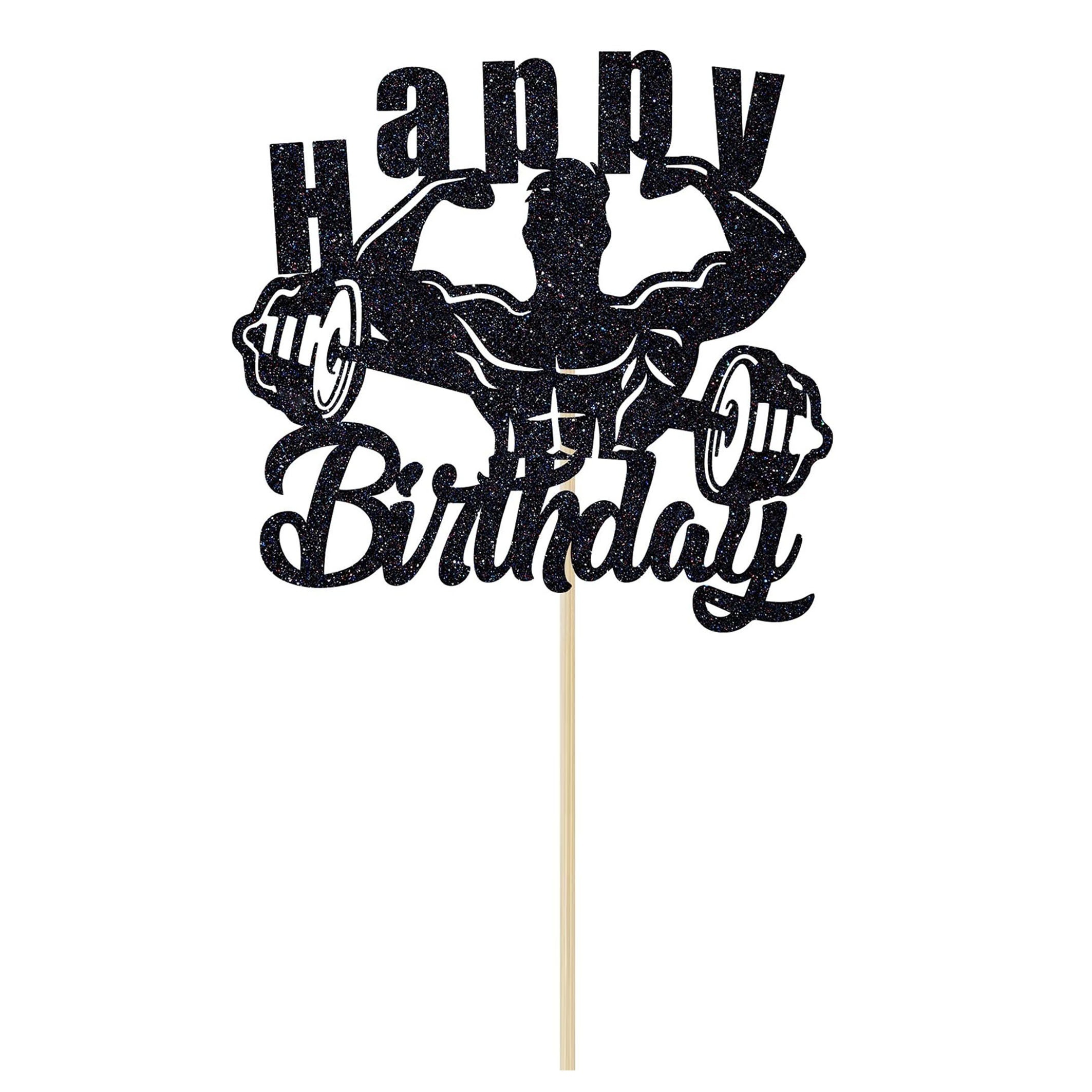 1pc Bodybuilding Theme Birthday Cake Topper-black Glitter Happy Birthday Cake Decorations-birthday / Barbell / Sports Theme Party Supplies-best Gift For Man
