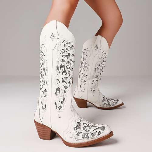 Bottes Cowboy Femme Genou - Style Western Brodé Et Strass - Talon Bloc 5 Cm - Fermeture éclair - Cuir PU