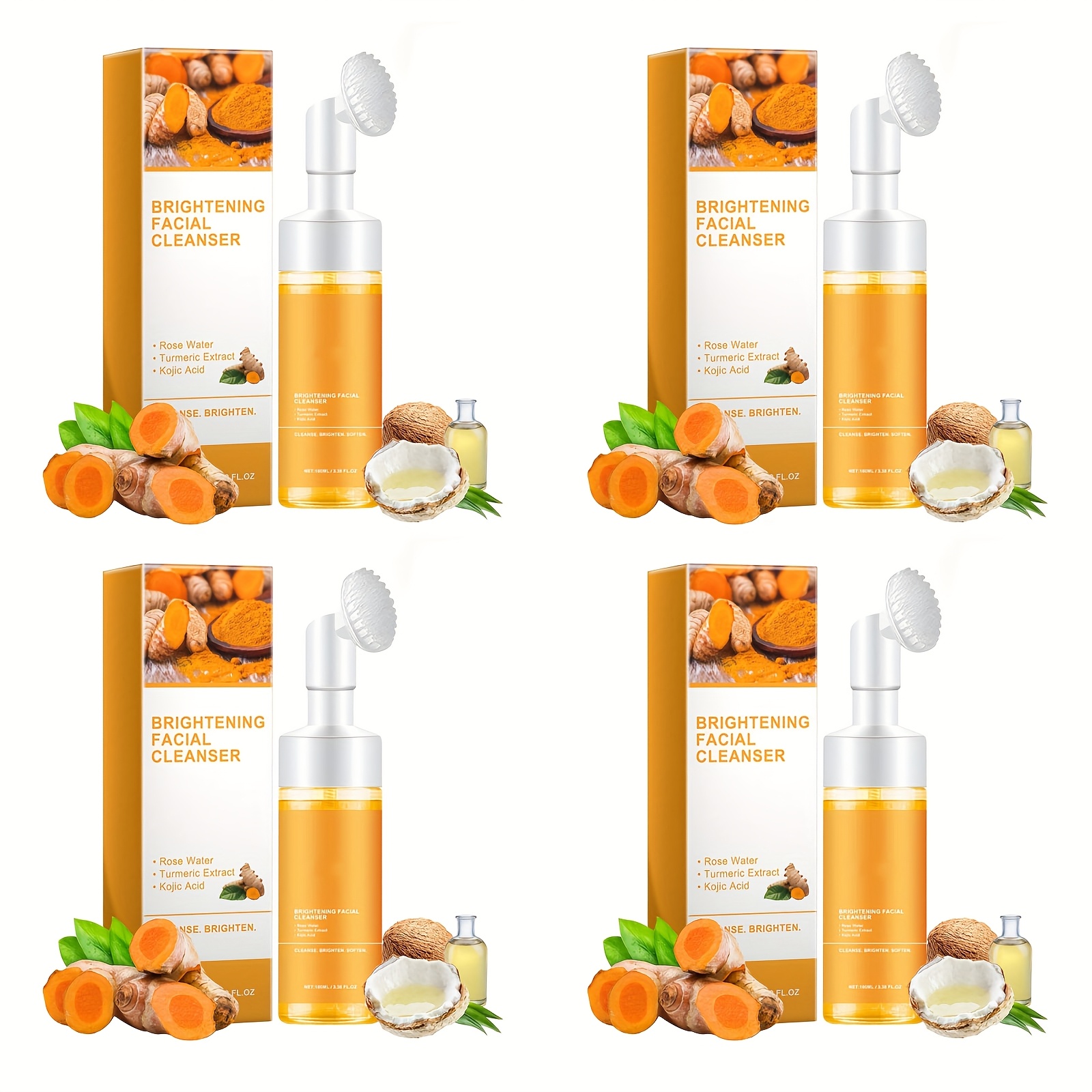 TEMU [deep Cleansing Turmeric Facial Cleanser] 4pcs Turmeric & Damascus Rose Facial Cleanser - Deep Cleansing, Moisturizing Foam With Brush Head For