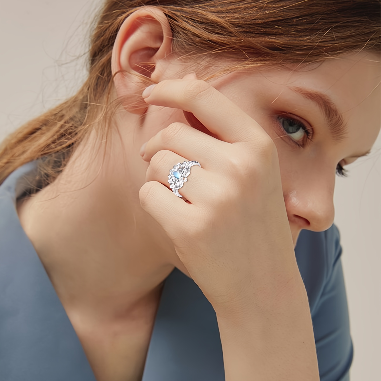 Moonstone Lotus Ring 925 Sterling Silver Flower Jewelry