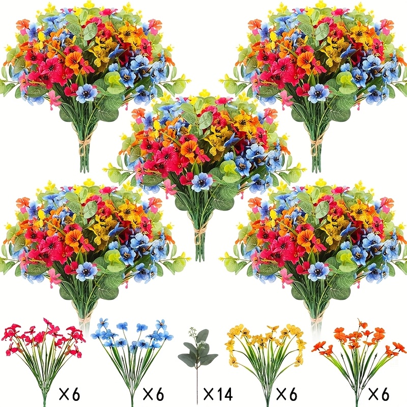 Image of 38 Bundles Of Uv-protected Artificial Flowers With Eucalyptus Leaves - Vibrant Plastic Bouquets For Indoor & Outdoor Home, Office, And Garden Decor (assorted Colors), Artificial Outdoor Flowers