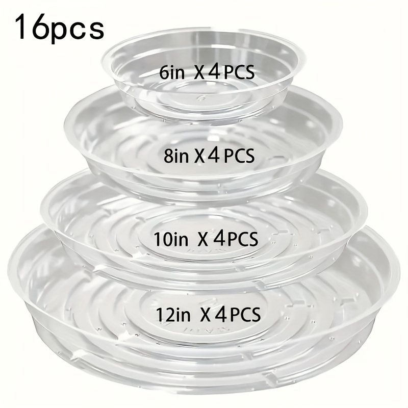 TEMU 16pcs Set Of Transparent Plastic Round Plant Saucers, 4 Sizes: 15.24cm, 20.32cm, 25.4cm, 30.48cm (4 ). Suitable For Convenient Watering Drip