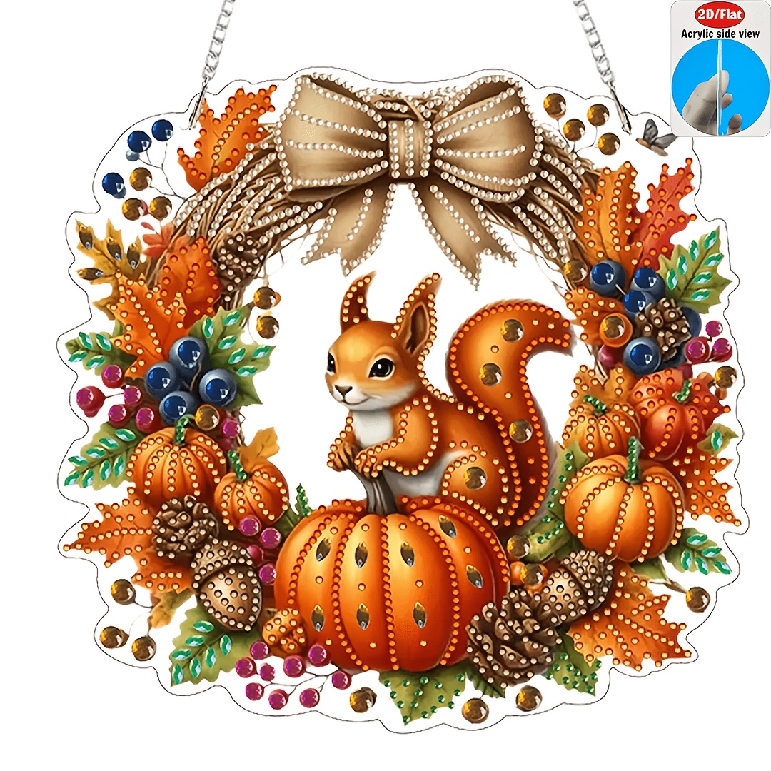 TEMU 2d/flat - 1pc Autumn Squirrel Pumpkin Pattern Hanging Kit For Adults, Pendant Catcher, Special Shaped Crystal Diy Diamond Painting Kit, Suitable