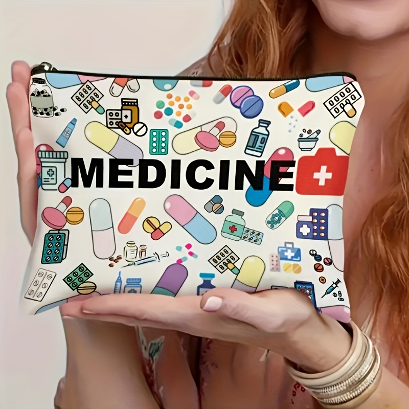 foldable lightweight zippered cosmetic travel bag with pill patterns durable fabric makeup organizer for women teachers beige gift for healthcare professionals   metal chain strap zipper closure travel makeup bag
