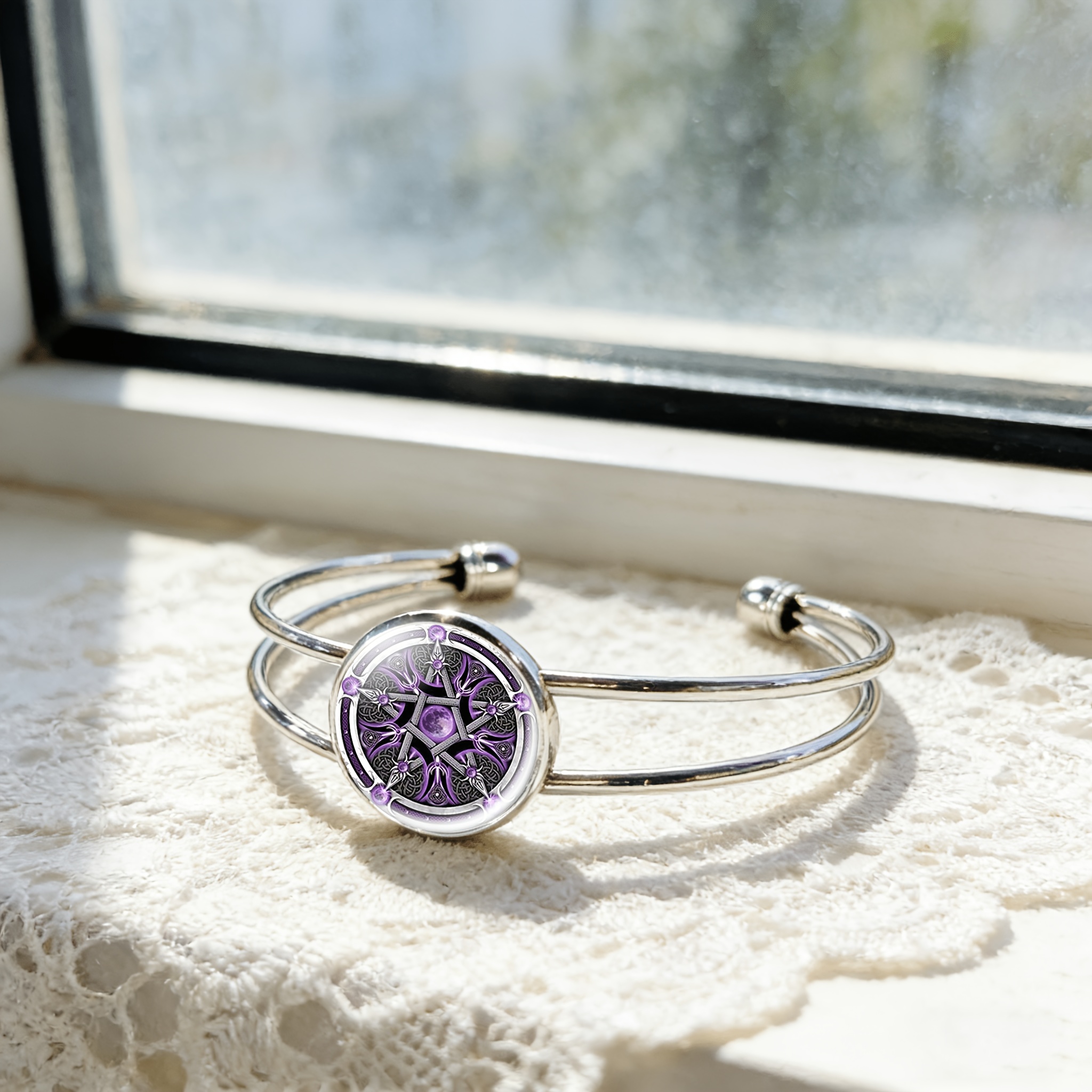 Adjustable Open Bangle with Round Time Gemstone Inlay