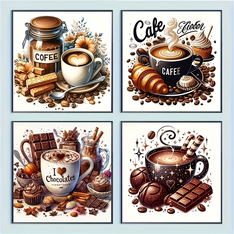 4-pack Coffee Diamond Painting Set - 20x20cm Full Diamond Round Acrylic Diamond, - Craft, Ideal For Hanging And Art