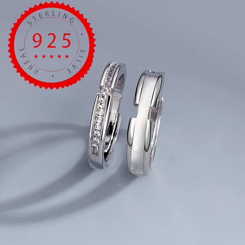 Image of 1 Pair Of S925 925 Silvery Plated Couple Rings Inlaid With Synthetic Synthetic Cubic Zirconiaia, High-quality Jewelry For Men And Women, Proposal Ceremony Wear, Approximately 6.8 Grams