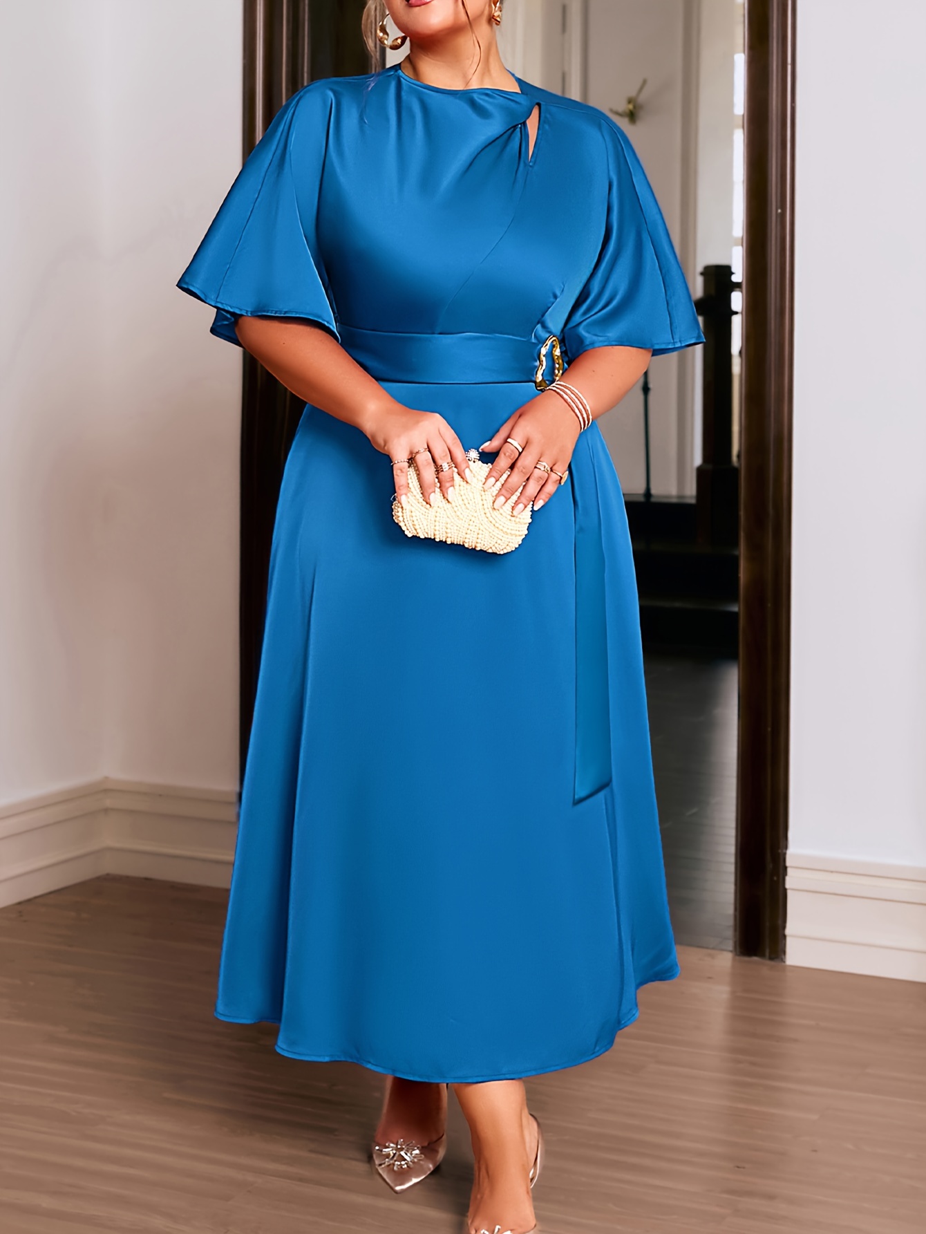 womens plus size elegant long dress solid color polyester - Temu