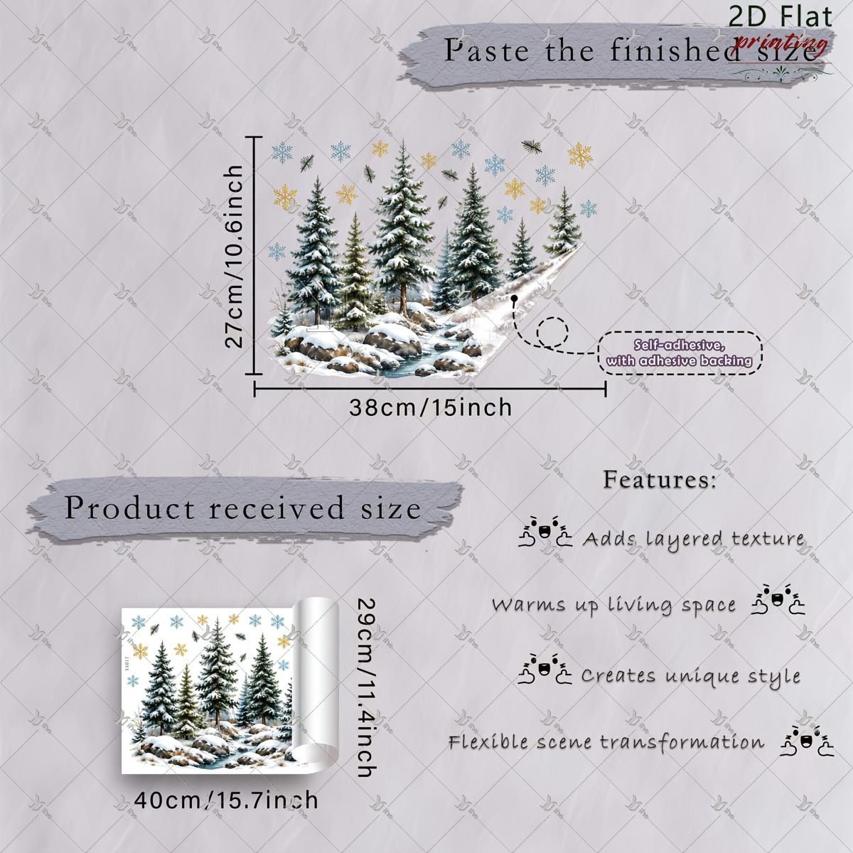 TEMU 2d Flat - 2d Flat - 1pc 2d Flat Printed Winter Snow Scene Stream & Snowflakes Window Sticker, Creative Self-adhesive Removable Double-sided Pvc