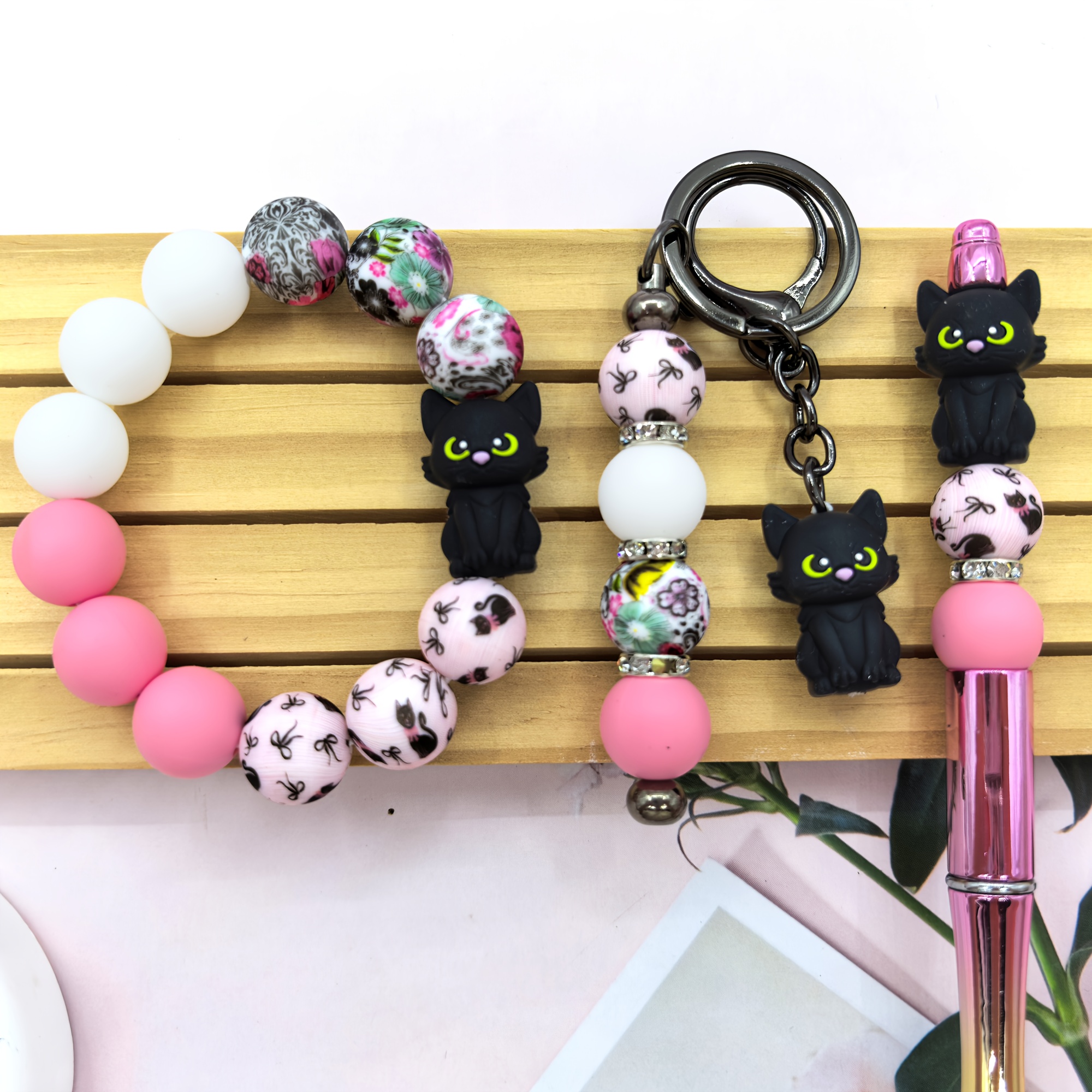 TEMU 25pcs Silicone Beads Three-dimensional Black Cat Shaped Silicone Beads And 15mm Cat Print Beads Animal Floral Print Themed Set, Decorative Beads