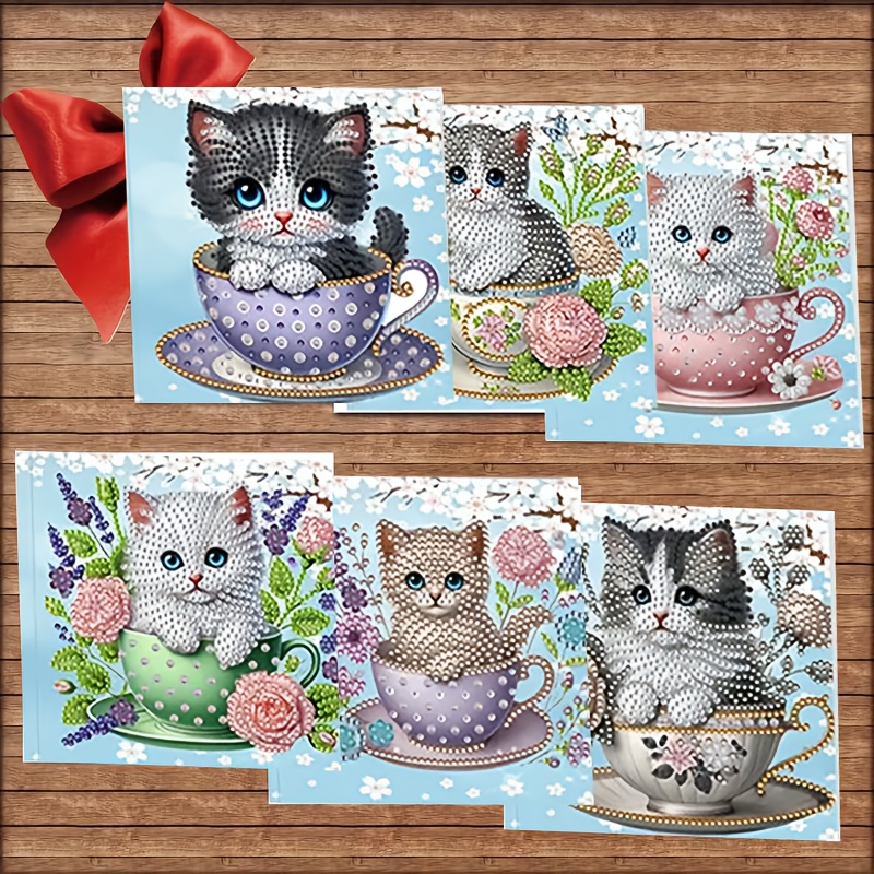 TEMU 6pcs Diy Diamond Painting Foldable Greeting Cards, Blank Cat Cards For , Holiday Greetings, Friendship, Anniversaries, Suitable For Men, Women,