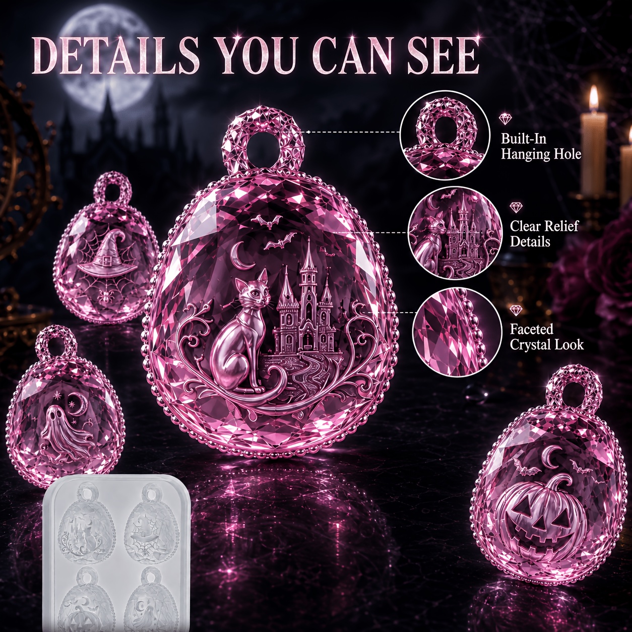 TEMU Resin Silicone Mold, 4 Cavity Teardrop Halloween Pendant Silicone Mold With Hanging Hole, Epoxy Casting Mold With Pumpkin Ghost Black Cat Hat