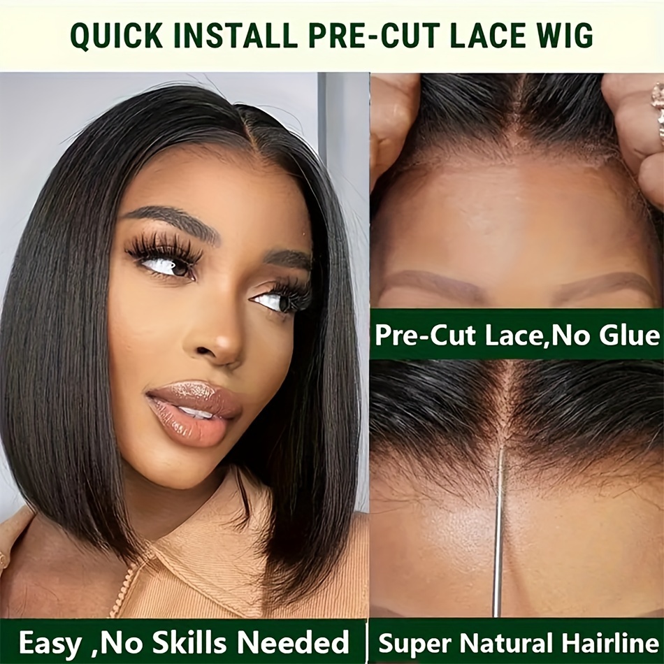 womens glueless bob wig 13x4 hd lace frontal 180 density straight human hair pre cut 8 14 inch details 2