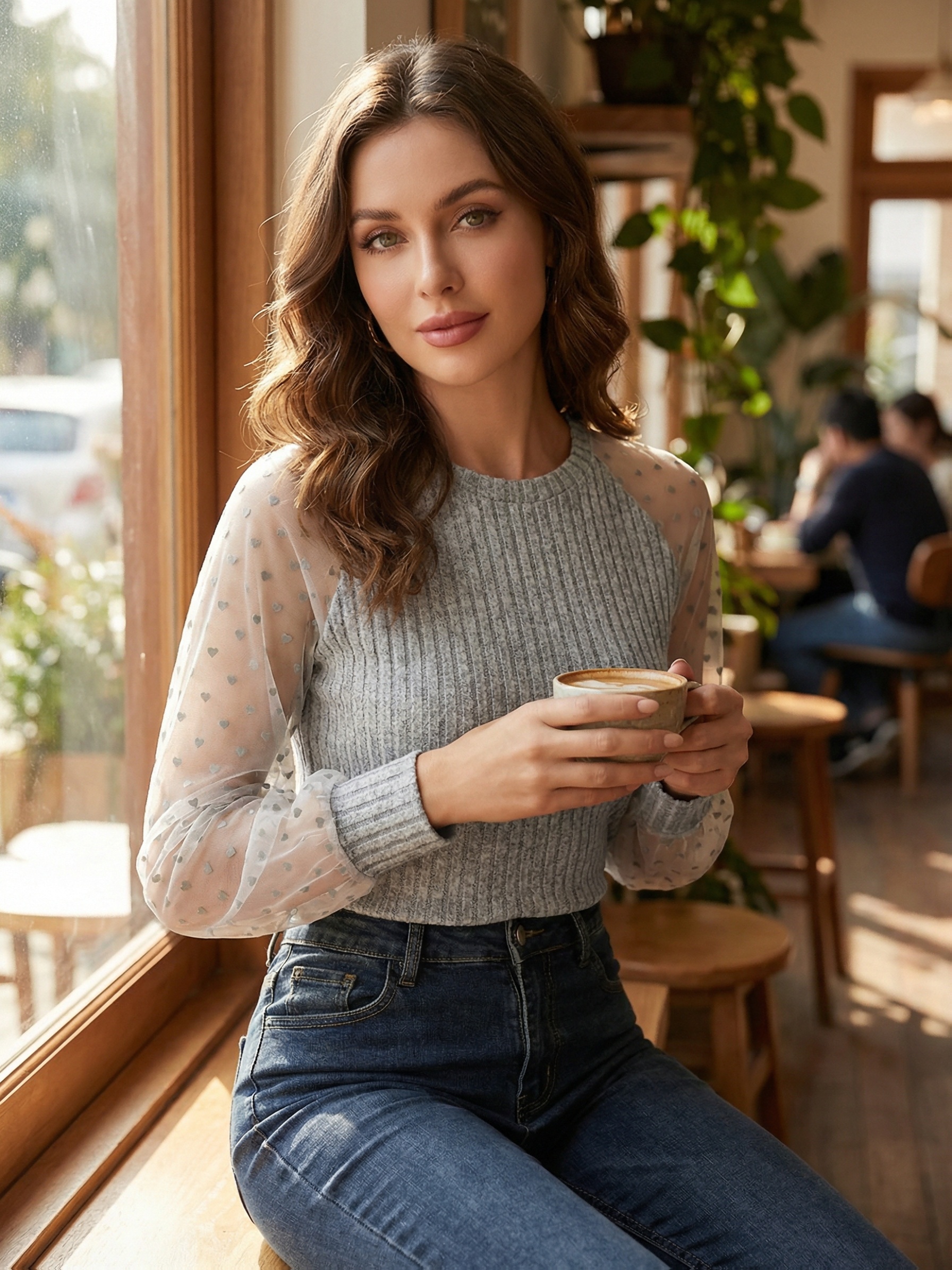 Maglione da donna a girocollo, top a maniche lunghe con patchwork a rete a forma di cuore