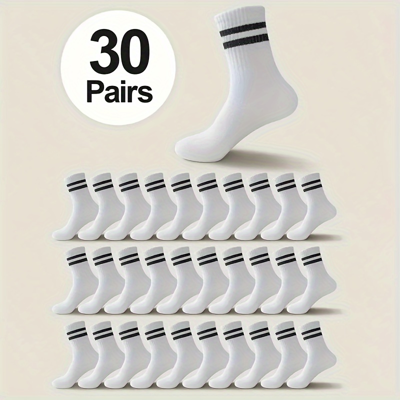 

30 Pairs Unisex Crew Socks – Breathable Polyester And Spandex , Sweat-absorbing, Odor-resistant, Knit Fabric With Classic Striped Pattern, Machine Washable