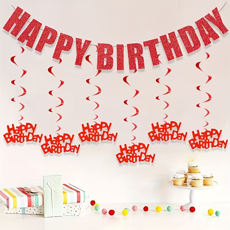 Image of Red Birthday Banner Set, Pre-hung Glittery Happy Birthday Banner With Swirl Decorations, Suitable For Birthday Celebrations And Party Decorations, Red-themed Party Decor Halloween Christmas