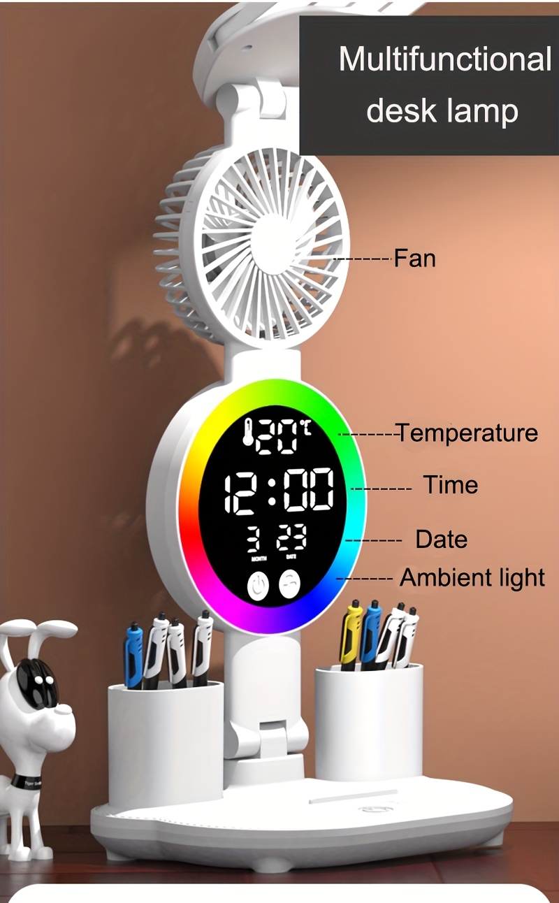 Lampe de bureau à 4 têtes avec protection oculaire | Lampe de lecture multifonctionnelle avec ventilateur, alimentation USB, intensité variable, interrupteur tactile, lumières LED, bras oscillant pour bureau et usage domestique