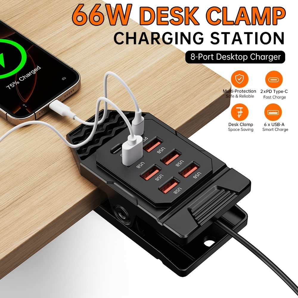 TEMU 1: di ricarica USB a clip da 8 porte 66W, con 6 porte USB-A e 2 porte PD Type-C a ricarica rapida. Supporta prese /multi-uscita Type-C per