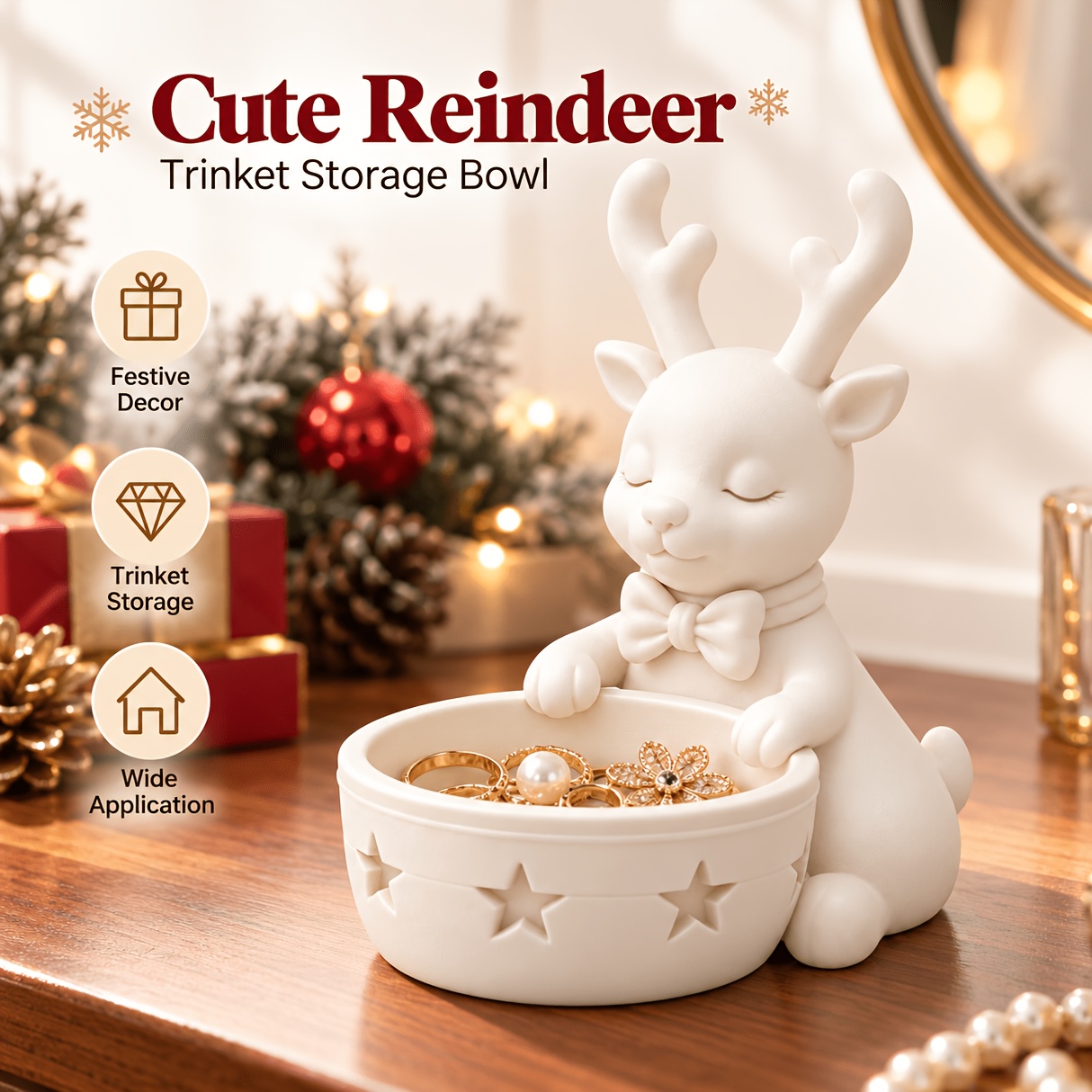 TEMU 3d-printed Christmas Reindeer Jewelry Tray, Bow-decorated Deer Trinket Holder For Rings, Earrings, Necklaces, Desktop Nightstand Decor Ornament,