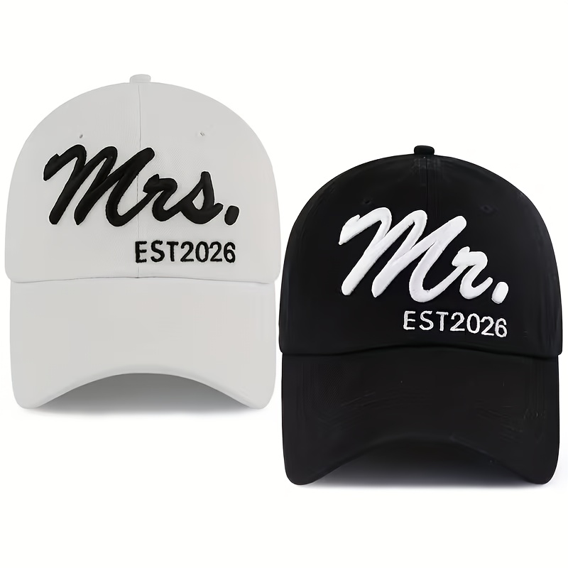 TEMU 2pcs 2026 Personalized Wedding Couple Hats - 3 Embroidered Initials & Date, Matching Snap-fit Caps, Lightweight Washed -like Fabric (hand