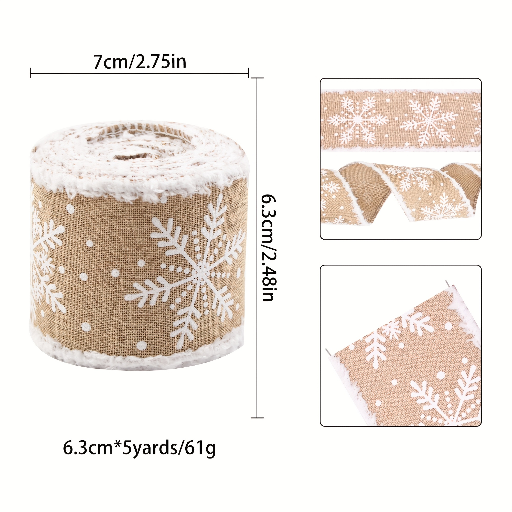 Image of 6.3cm Snowflake Printed Faux Linen Ribbon For New Year Party Gift Wrapping And Floral Decoration, 5m Long