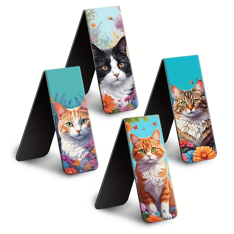 

4-pack Magnetic Cat Bookmarks - Cardboard Kitten Page Markers, Assorted Designs, Perfect For Book Lovers, Students, And Teachers - Unique Reading Accessories And Gifts