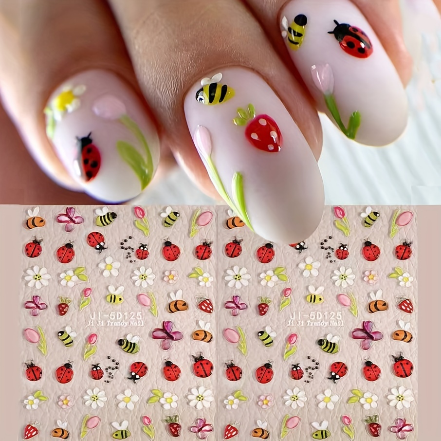 

2 Sheets 5d Floral Nail Stickers, 3d Self Adhesive Cartoon Ladybug Strawberry Nail Sliders Elegant Daisy Floral Diy Nail Art Decals Nail Art Decoration