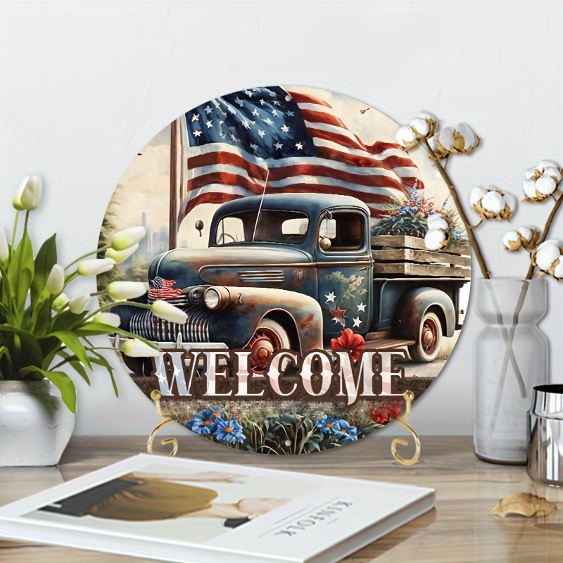 

1pc 8x8inch Aluminum Metal Sign Vintage Style Patriotic Truck Wreath Sign, Metal Wreath Sign, Round Wreath Sign, Welcome Wreath Sign
