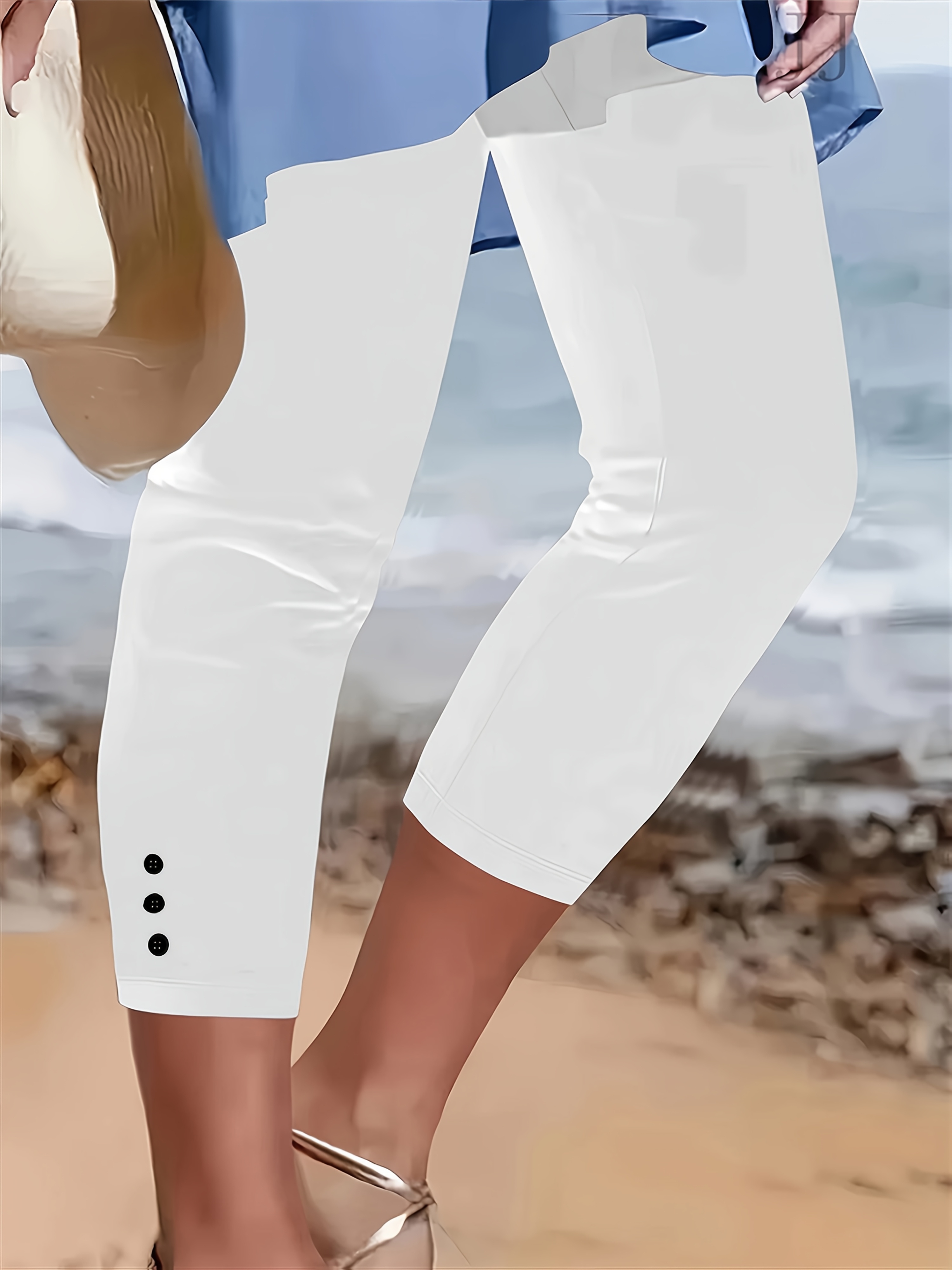 Women's Elegant Solid Color Capri Pants Stretchy Button-Front Design,  Machine Washable Spring/Summer Casual to Dressy Trousers, Summer Trousers,  Non