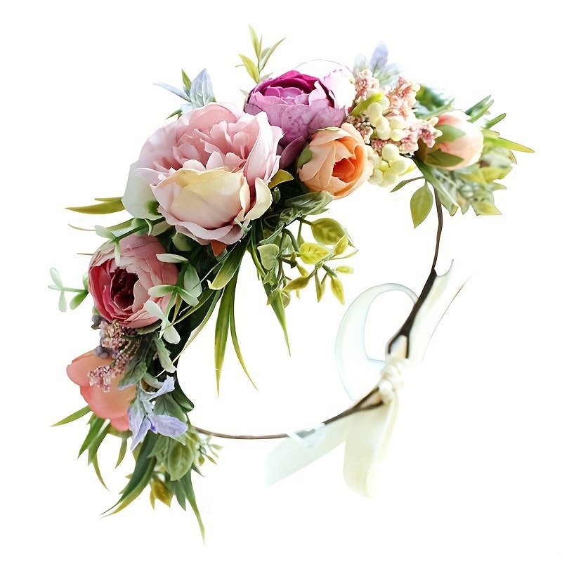 Image of 1pc Women's Bohemian & Elegant Solid Purple Flower Garland - Realistic Rose Wedding Bridal Headpiece, Bridesmaid Hair, Party Prom Hairband, Soft Hair Wreath For Special Occasions