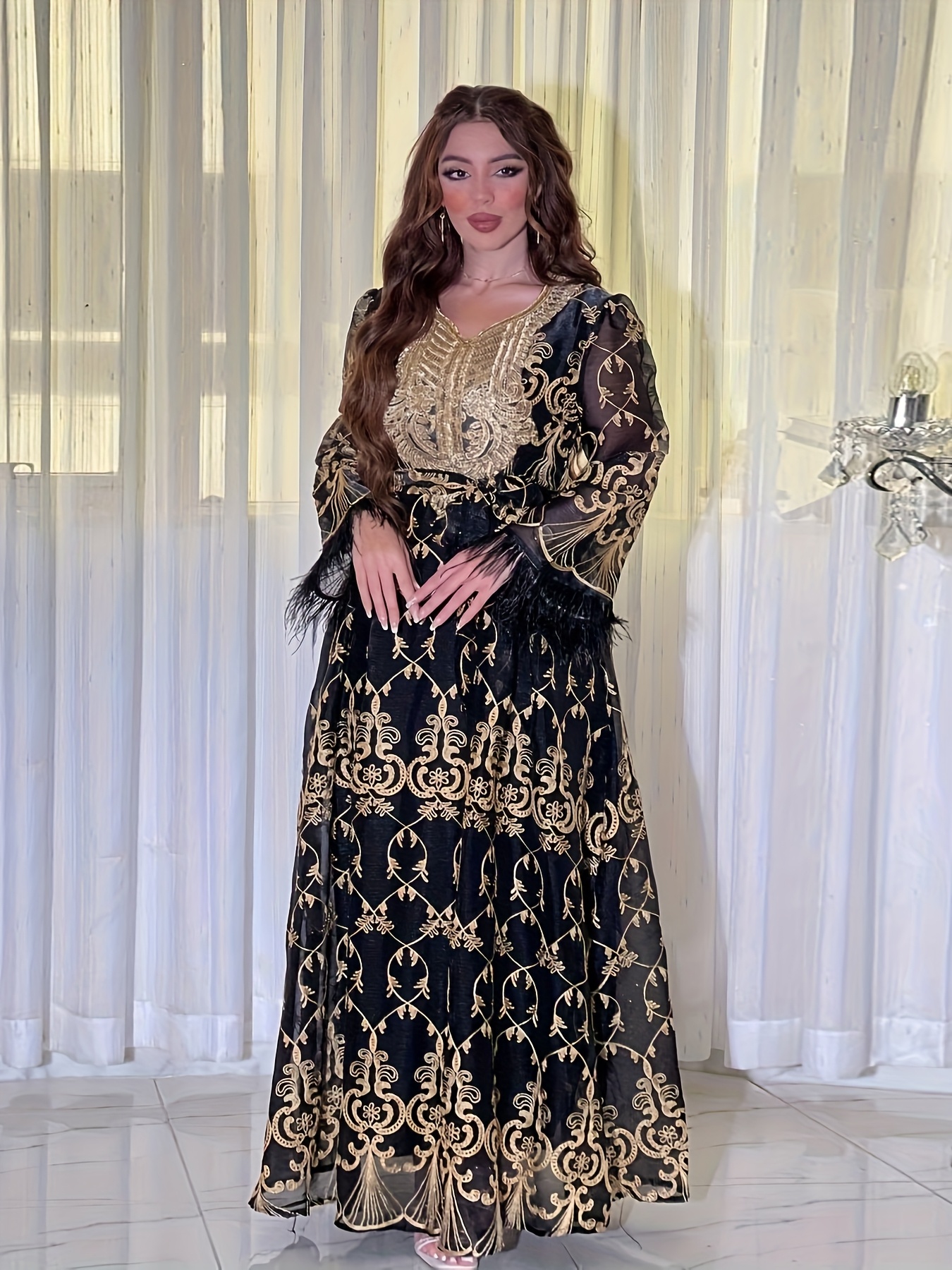 arabian dubai womens elegant golden jalabiya robe middle - Temu Oman