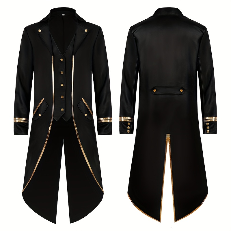 Vintage-Inspired Mid-Length Tuxedo Coat with Golden Trim - Black Retro Punk Style for Halloween, Stage Performances & Themed Events, Stage Performance Attire | Ornate Golden Detailing | Polyester Fiber Coat