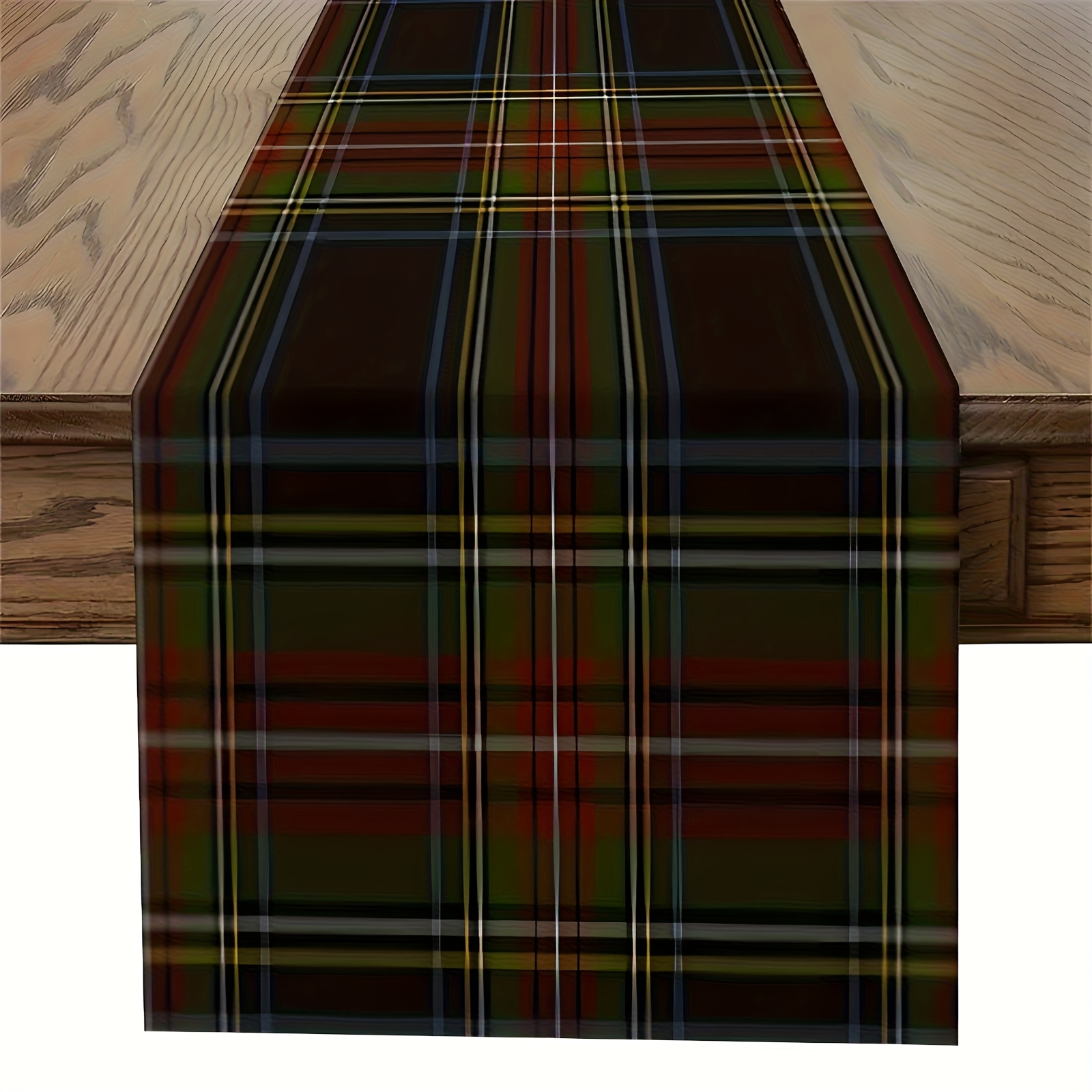 TEMU 1pc Elegant Scottish Tartan Table Runner With Black/green/red/brown/golden Checkered Patterns - Durable Rectangular Suitable For Dining Table