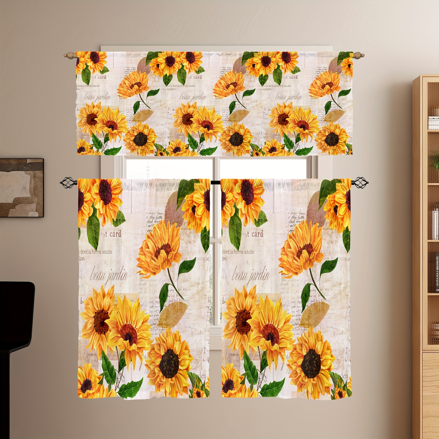 

Sunflower Print Sheer Curtains - 1pc Valance Or 2pcs Cafe Set, Rod For Kitchen, Living Room & More - Machine Washable Polyester Home Decor, For Spring