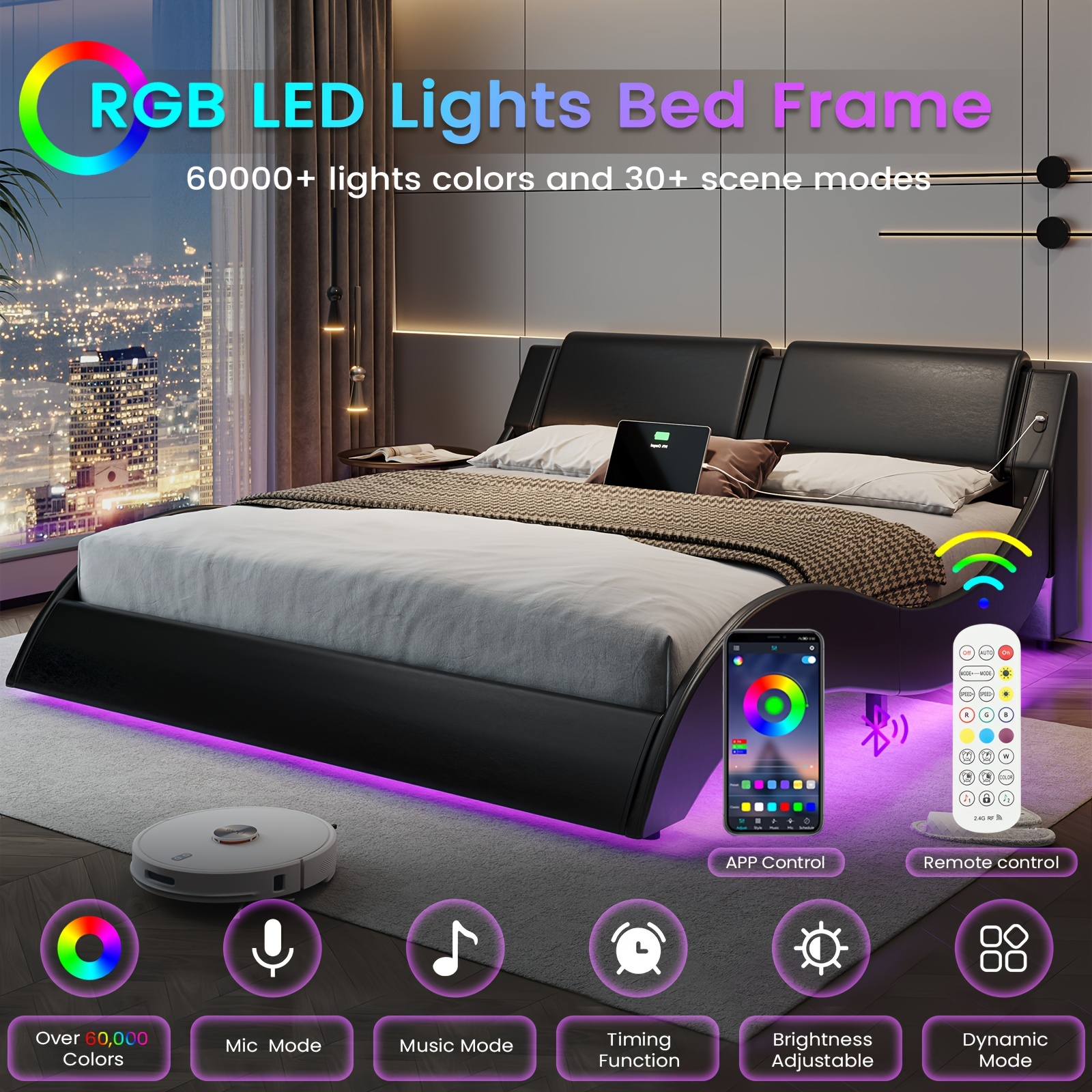 

Led Bed Frame Full Size Leather Wave Like Platform Bed Frame With Led Lights And Headboard, Black