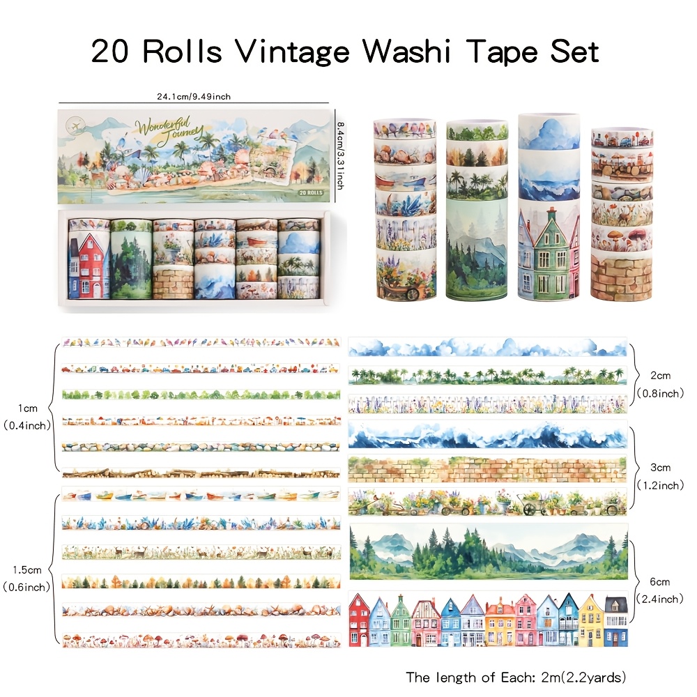 E-shop Set mit 20 Rollen Vintage Washi Tape mit wunderschönen Landschaftsdesigns, erhältlich in 5 verschiedenen Breiten, für dekoratives Scrapbooking,